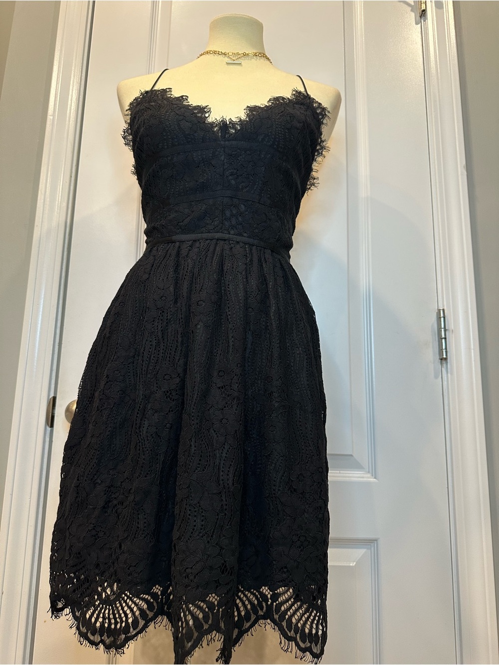 Elegant Black Lace Coquette Midi Dress with Spaghetti Straps